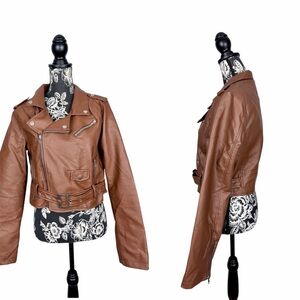 Ashley Outerwear brown cropped faux leather belted moto jacket size large